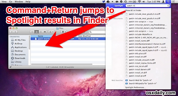 Open Spotlight search results in the Finder
