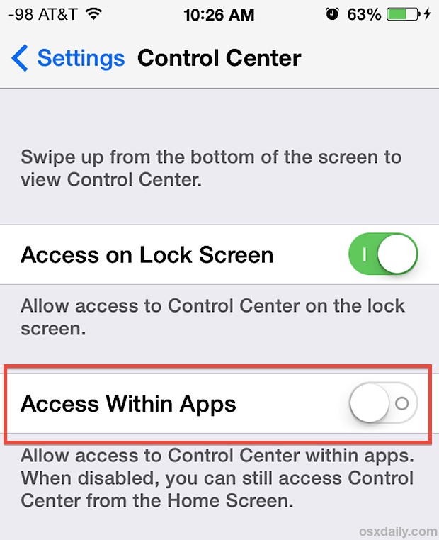 Stop Control Center from appearing in Games and Apps