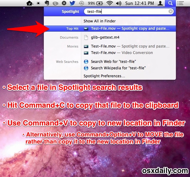 Copy, cut, paste, and move files from Spotlight in Mac OS X