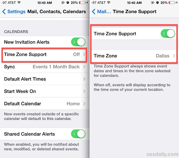 Enable time zone support in Calendar for iOS