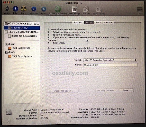 Format the Mac hard drive for the clean install of Mavericks