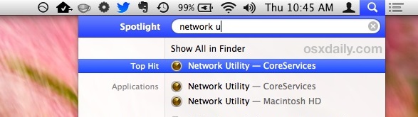 Launch Network Utility from Spotlight in OS X