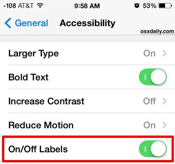 ON OFF settings labels make it easier to read