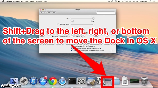 Shift and Drag to move the Dock on screen in Mac OS X
