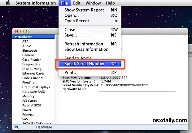 Speak a Mac serial number in OS X