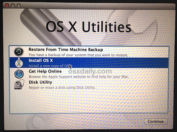 Start the clean install of OS X Mavericks