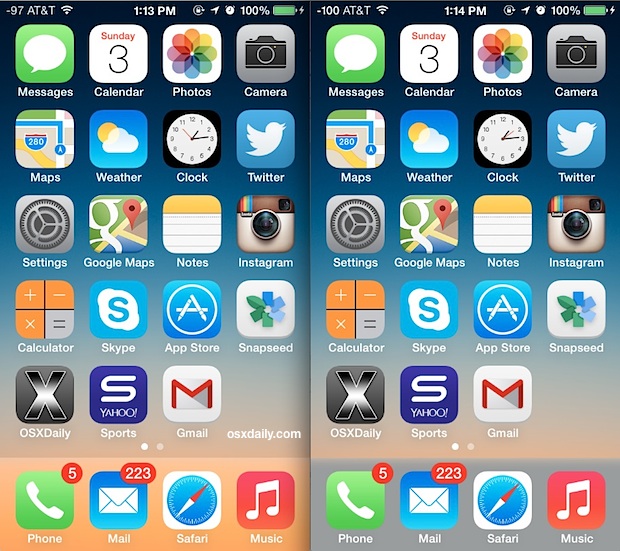 Dock color changed with iOS 7 showing difference