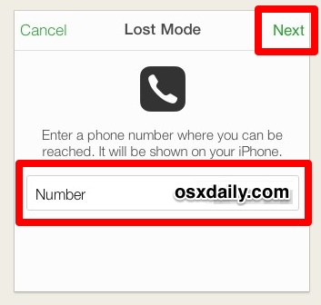 Enter a call back number for Lost Mode