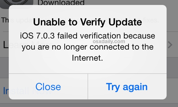 Unable to Verify Update error message on iPhone