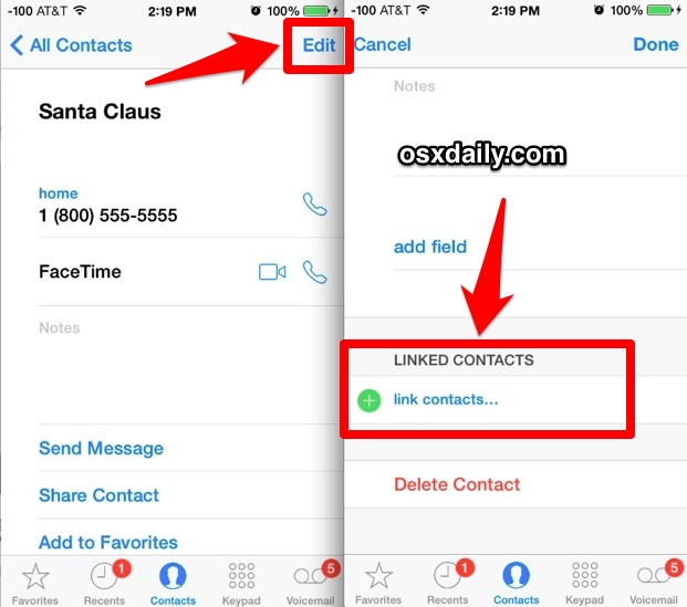 Merge contacts on the iPhone with Link Contacts feature in iOS