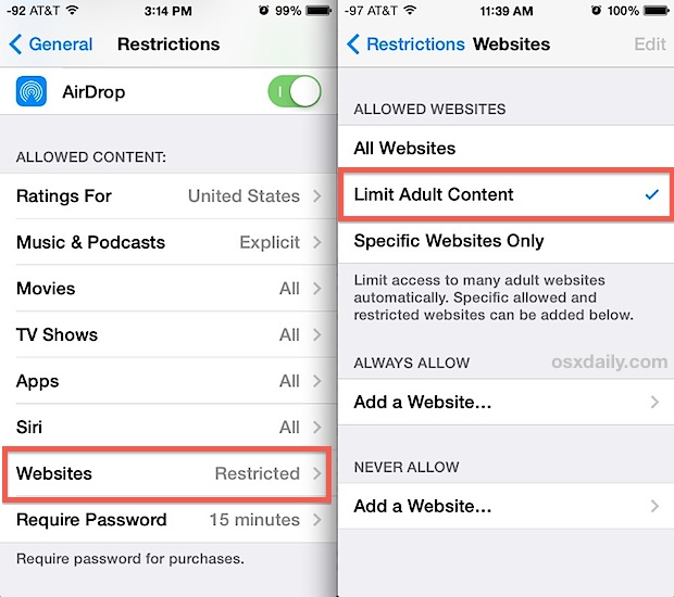 Prevent access to adult websites and adult content with Restrictions in iOS