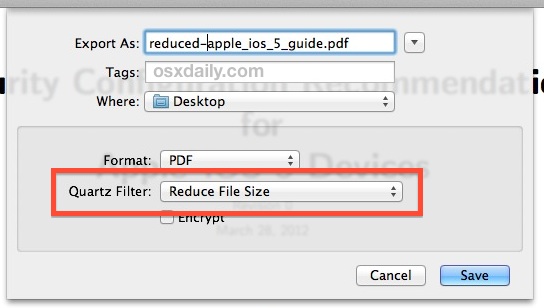 Reduce File Size filter in Preview app for PDF files