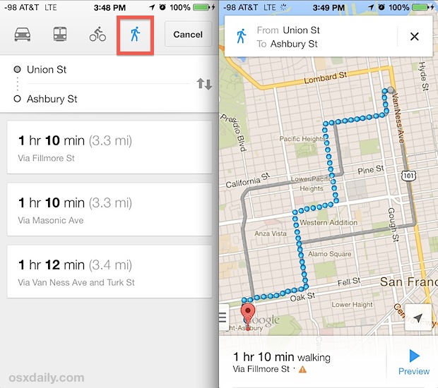 Walking directions in Google Maps
