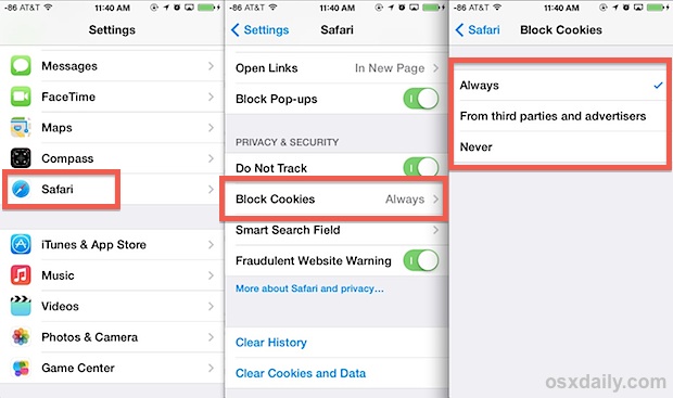 Adjust cookie blocking settings in Safari for iOS