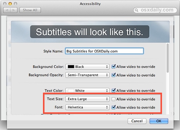 Change the font size of subtitles in Mac OS X video