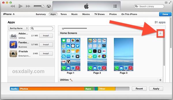 Creating a new blank home screen page in iTunes