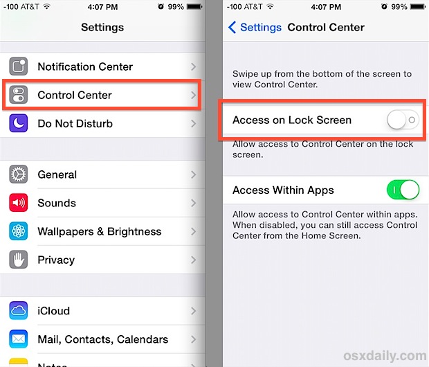 Disable Control Center access from Lock Screen of iOS