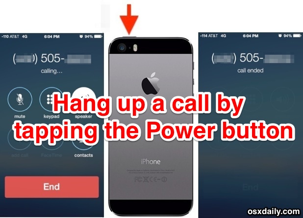 Hang up an iPhone call by tapping on the power button
