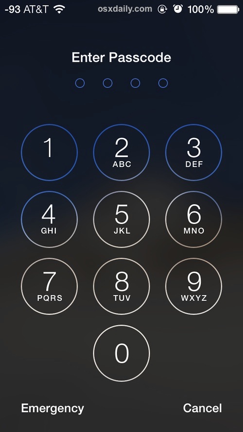 The passcode entry screen on a locked iPhone