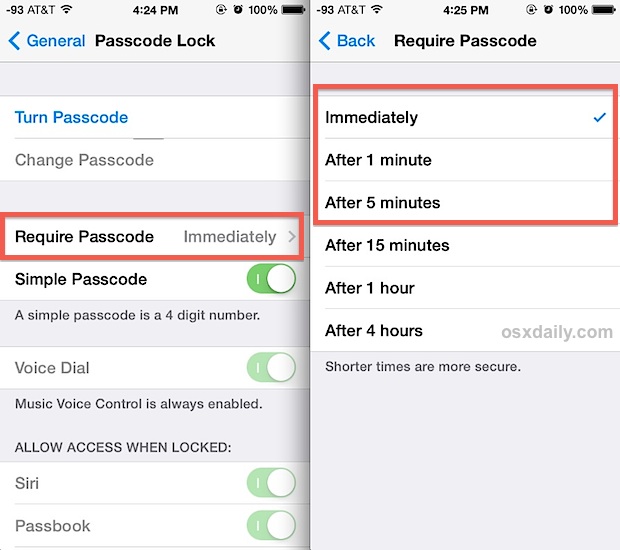 Require a passcode immediately or after a minute to use the iOS device