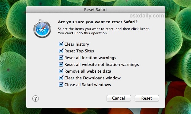 Reset all Safari settings