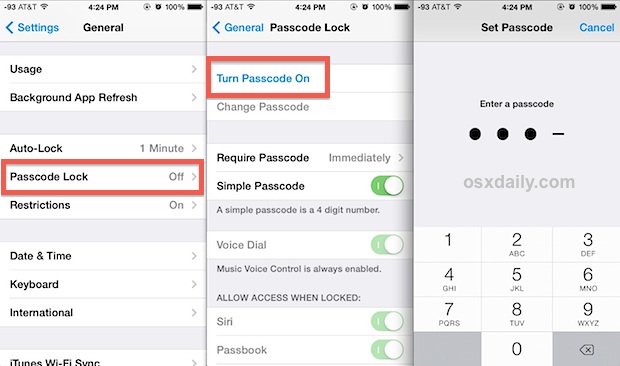 Turn Passcode Lock on in iOS