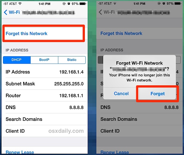 Forget a wi-fi network in iOS