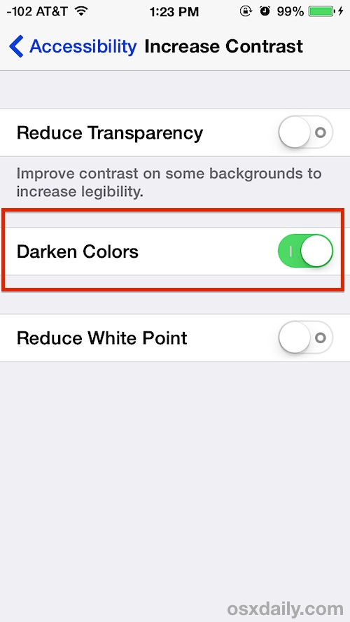 Darken colors in iOS increases text visibility and contrast