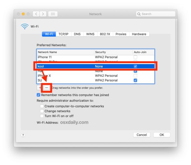 Forget and Remove wi-fi network from Mac