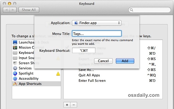 Set a keyboard shortcut for file tagging in Mac OS X