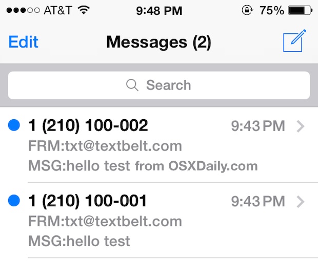 SMS texts on an iPhone as sent from TextBelt command line service