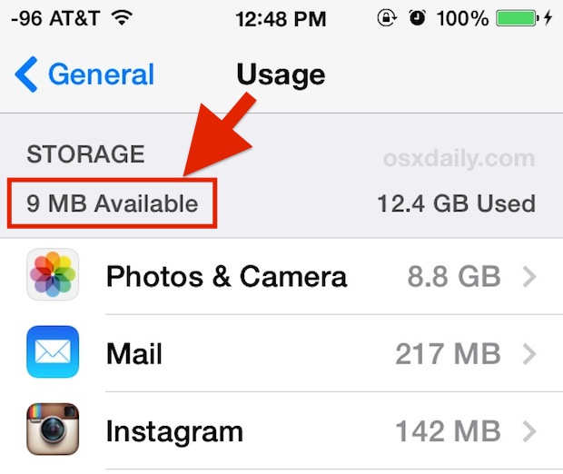 iOS Storage Space Usage Available Low
