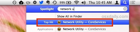 Launch Network Utility in Spotlight