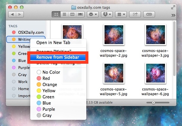 Remove Tags from the sidebar in Mac OS X one by one with a right click