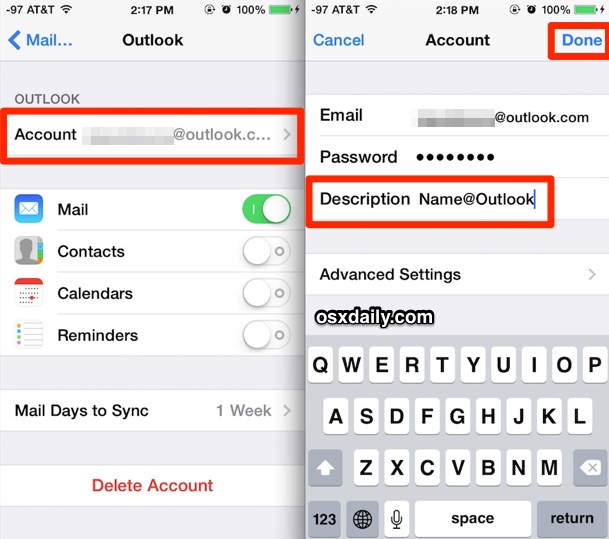 Rename iOS Mail account in iOS