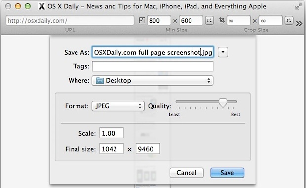 Save a full webpage screenshot in Mac OS X