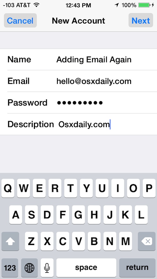 Add email account in iOS