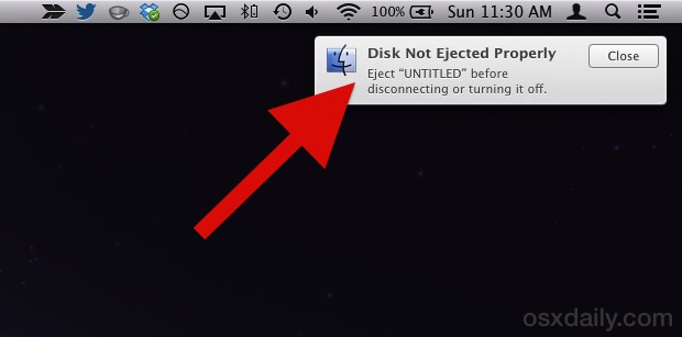 Диск не извлекается должным образом диалоговое окно предупреждения в Mac OS X