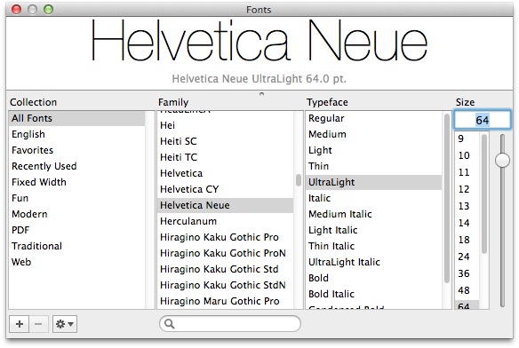 Helvetica Neue system font in the font browser of Mac OS X