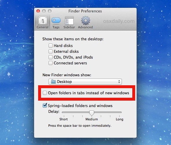 Open folders into windows rather than tabs in Mac OS X