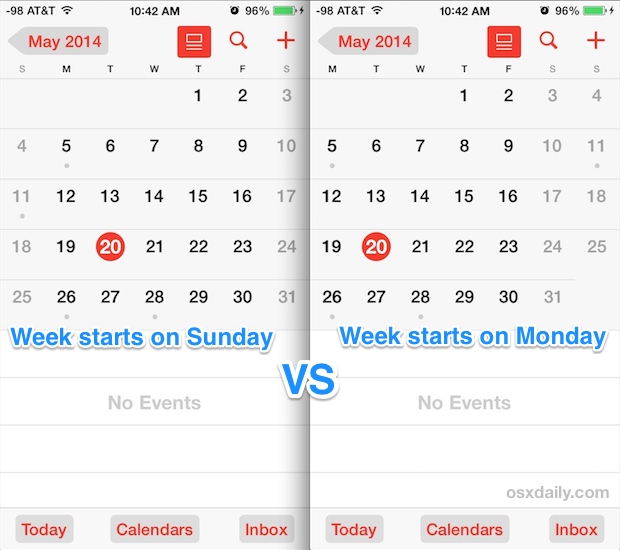 Week starts on Monday vs Sunday in iOS Calendar app