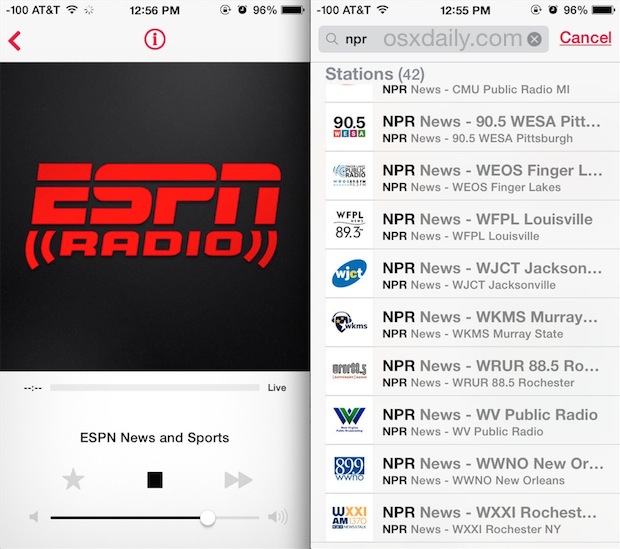 ESPN Radio and NPR Radio in iTunes on the iPhone