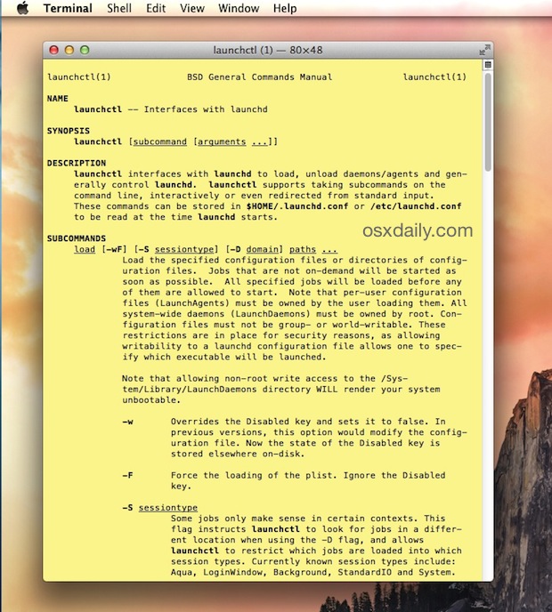 Man page launched within Terminal app for Mac OS X