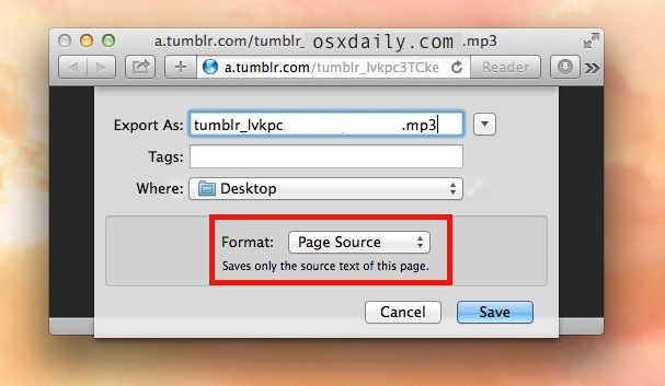 Save an audio or video file directly from Safari by downloading the Page Source of the media file