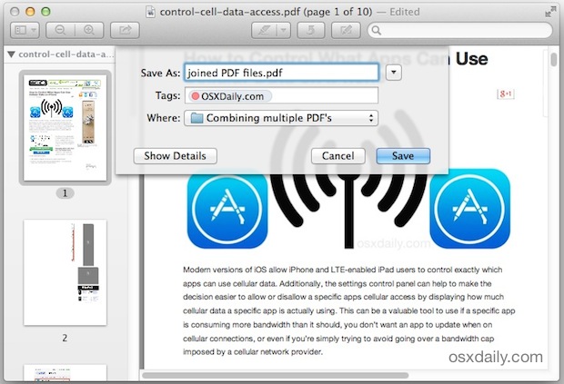 Saving the joined PDF files with Mac Preview