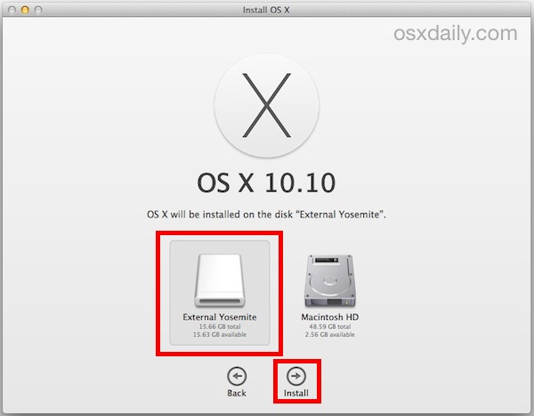 Select the external drive to install OS X Yosemite onto
