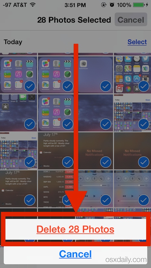 Bulk delete photos on the iPhone by confirming to delete the image count shown