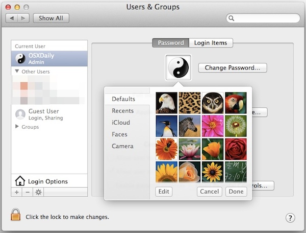 Изменение изображения профиля пользователя в Mac OS X с параметрами по умолчанию