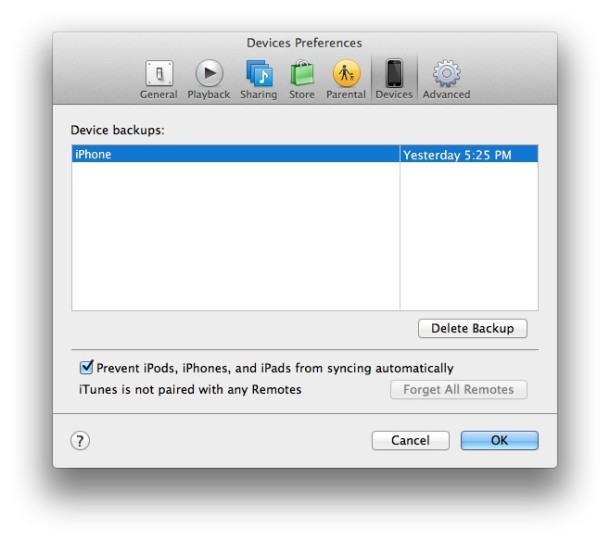 Removing the backup from iTunes