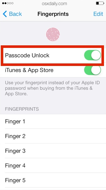 Touch ID Passcode Unlock feature uses a Fingerprint to unlock iPhone
